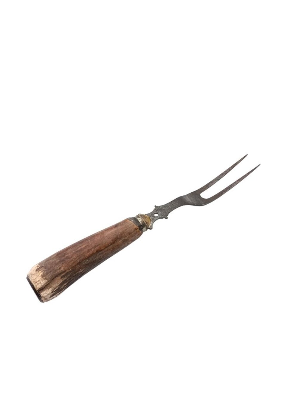 Antique Rustic Two-Prong Meat Fork With Wooden Handle & Metal Detailing